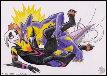 3_fingers 3_toes 4_fingers 4_toes anthro balls black_body black_border blue_eyes body_spikes border claws countershade_face countershade_genitalia countershade_neck countershade_penis countershade_torso countershading ear_piercing ear_ring eyebrow_piercing facial_piercing feet female fingers floppy_ears genitals humanoid_genitalia humanoid_penis licking male male/female multicolored_body nude penetration penile penile_penetration penis penis_in_vagina piercing pink_tongue purple_body ring_piercing sex toe_claws toes tongue tongue_out tongue_piercing vaginal vaginal_penetration vein veiny_penis vulva yellow_body yellow_penis silvolf nintendo pokemon volte_(character) amped_toxtricity generation_8_pokemon pokemon_(species) toxtricity colored_pencil_(artwork) traditional_media_(artwork)
