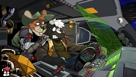 anthro clothing cockpit duo green_clothing green_hat green_headwear hat headgear headwear male panicking spacecraft vehicle leo_zeke pete_(skunk) mammal mephitid skunk