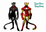 anthro armor clothing duo facial_hair looking_at_viewer machine male mustache necktie power_armor simple_background suit tail white_background yellow_eyes sharks_(artist) marvel the_avengers iron_man tony_stark felid mammal pantherine source_request