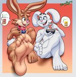 5_toes anthro barefoot duo eye_contact feet foot_focus humanoid_feet looking_at_another male mascot nails plantigrade soles speech_bubble toes bunlewdparadise general_mills nesquik trix nesquik_bunny trix_rabbit lagomorph leporid mammal rabbit absurd_res hi_res pictographics signature