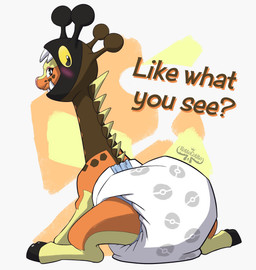 ambiguous_gender antennae_(anatomy) anthro back_spikes black_antennae black_body black_hooves blush brown_antennae brown_body brown_spots butt clean_diaper clothed clothing cloven_hooves dialogue diaper diaper_only flirting flirting_with_viewer hooves logo looking_back lying multicolored_body orange_body orange_spots pink_nose presenting presenting_diaper presenting_hindquarters rear_view simple_background sitting smile solo spikes spikes_(anatomy) sploot spots spotted_face text topless wearing_diaper yellow_body kottocotito nintendo pokemon farigiraf generation_9_pokemon pokemon_(species) 2022 artist_logo artist_name english_text full-length_portrait hi_res portrait