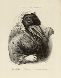 bonnet clothed clothing envelope female for_a_head headgear headwear holding_object key open_mouth solo text edmond_hedouin animal_head animal_humanoid avian bird corvid corvus_(genus) crow humanoid oscine passerine 1858 19th_century absurd_res ancient_art french_text greyscale hi_res monochrome