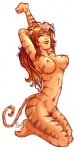 breasts eyes_closed female hair navel nipples red_hair solo stripes tail unknown_artist marvel tigra animal_humanoid felid humanoid mammal pantherine tiger