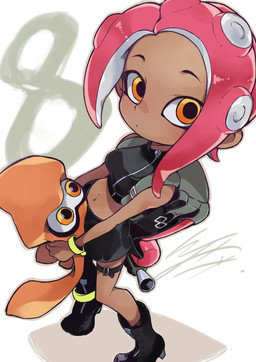 ambiguous_gender backpack boots breasts carrying_another clothing dark_body dark_skin duo female female_focus feral footwear holding_character navel orange_eyes pseudo_hair shoes solo_focus suction_cup tentacle_hair tentacles io_naomichi nintendo splatoon agent_8_(splatoon) octoling_girl animal_humanoid aquatic aquatic_humanoid cephalopod cephalopod_humanoid humanoid inkling inkling_(squid_form) mollusk mollusk_humanoid octarian octoling