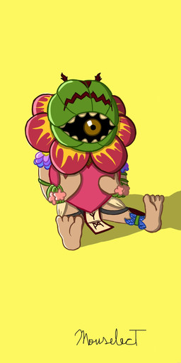 1_eye big_eye blue_flower bottomwear brown_body brown_bottomwear brown_clothing brown_eyes brown_horn brown_loincloth brown_markings brown_skin carnivorous_plant clothing feet flower for_a_head front_view glistening glistening_eyes green_vines heart_symbol horn loincloth male markings mouth_eye pink_heart plant purple_flower red_flower rounded_teeth simple_background sitting solo tribal tribal_markings vines yellow_background yellow_bottomwear yellow_clothing yellow_flower yellow_loincloth mouselect elemental_creature elemental_humanoid flora_fauna humanoid plant_humanoid 6:13 digital_drawing_(artwork) digital_media_(artwork) digital_painting_(artwork) hi_res painting_(artwork)