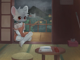 ambiguous_gender anthro clothed clothing detailed_background kemono raining sitting solo swanarts mammal mouse murid murine rodent absurd_res hi_res