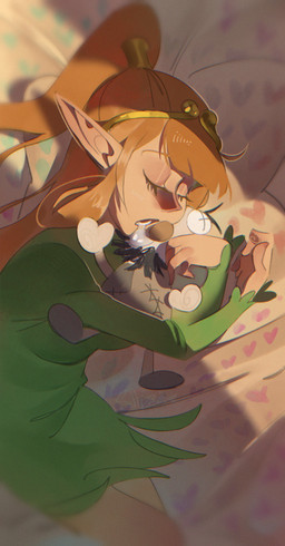 bed blush blush_lines bodily_fluids breasts circlet clothed clothed_female clothed_humanoid clothing crown dress drooling eyebrows eyelashes eyes_closed female female_humanoid furniture gold_circlet green_clothing green_dress hair headgear humanoid_pointy_ears light_body light_skin long_ears long_hair open_mouth orange_eyebrows orange_hair plushie pointy_ears pointy_nose ponytail saliva sleeping teeth teeth_showing text tiara sallizzard elf_comic elf_(merrivius) elf humanoid 2025 absurd_res artist_name colored digital_media_(artwork) english_description hi_res shaded signature watermark