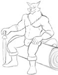 anthro asian_clothing boots bulge clothing east_asian_clothing footwear fundoshi japanese_clothing male melee_weapon navel neck_tuft shoes simple_background sitting solo sword teeth_showing tuft underwear weapon white_background thegreatmatsutzu slayers dilgear_(character) canid canine canis mammal wolf black_and_white monochrome sketch