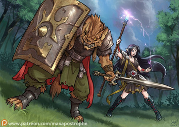 ambiguous_gender anthro armor clothed clothing duo female fur hair holding_object holding_weapon magic_user melee_weapon shield staff standing sword text weapon maxa' dungeons_and_dragons hasbro wizards_of_the_coast elf gnoll humanoid hyena mammal 2017 digital_media_(artwork) url