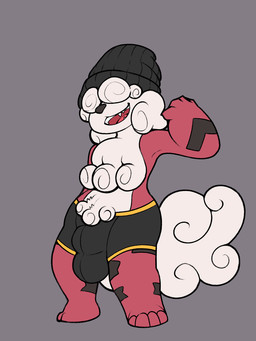 4_toes anthro anthrofied beanie beanie_only biped black_clothing black_headwear boxer_briefs bulge clothing curled_fur curly_hair fangs feet fur grey_background hair hair_over_eyes hat hat_only headgear headgear_only headwear headwear_only male male_anthro markings monotone_background mostly_nude open_mouth open_smile pokemorph red_body red_fur simple_background smile solo standing striped_markings stripes teeth toes underwear white_body white_fur twinkletwilight nintendo pokemon generation_8_pokemon hisuian_form hisuian_growlithe pokemon_(species) regional_form_(pokemon) 3:4 colored digital_media_(artwork) full-length_portrait hi_res portrait