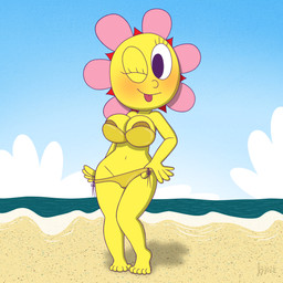 areola areola_slip beach big_breasts bikini blush breasts clothing female flower gold_bikini looking_at_viewer one_eye_closed plant solo standing swimwear teasing teasing_viewer tongue tongue_out two-piece_swimsuit wide_hips wink winking_at_viewer yellow_body kamirappa golden_week parappa_the_rapper sony_corporation sony_interactive_entertainment um_jammer_lammy sunny_funny humanoid 1:1 absurd_res hi_res
