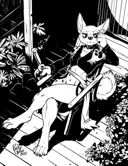 anthro balcony bottomless breasts claws clothed clothing digitigrade eyewear female fluffy fluffy_tail melee_weapon paws planks plant railing solo sunglasses sword tail tattoo torn_clothing weapon rick_griffin in_the_new_age ideka canid canine canis mammal wolf 2023 hi_res monochrome signature