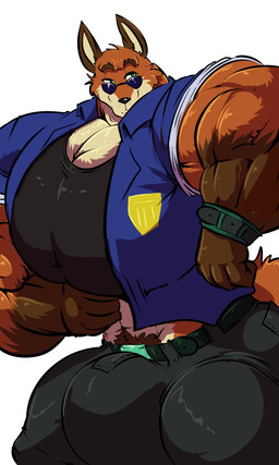 anthro big_bulge big_muscles big_pecs bulge clothing eyewear fur huge_muscles huge_pecs hyper hyper_muscles hyper_pecs male muscular muscular_anthro muscular_male orange_body orange_fur pecs police police_uniform smile solo sunglasses uniform bobert disney zootopia nick_wilde canid canine fox mammal red_fox true_fox 2018 3:5 hi_res