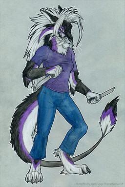 anthro bared_teeth big_fangs black_body black_fur blue_bottomwear blue_clothing blue_pants bottomwear clothed clothing ear_piercing ear_ring ears_back fangs female female_anthro fur glistening glistening_eyes hair holding_knife holding_object knife long_hair pants piercing pivoted_ears purple_body purple_clothing purple_eyes purple_fur purple_shirt purple_t-shirt purple_topwear ring_piercing shirt simple_background solo standing t-shirt tail tail_tuft teeth topwear tuft white_body white_fur white_hair heatherwolf felid mammal hi_res