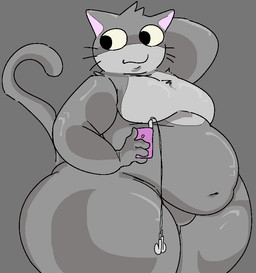 anthro big_butt black_eyes butt earbuds electronics fur grey_background grey_body grey_ears grey_fur grey_hair grey_tail hair hand_behind_head hand_behind_own_head headphones holding_object huge_butt looking_back male moobs multicolored_body multicolored_fur obese obese_anthro obese_male overweight overweight_anthro overweight_male pear-shaped_figure portable_music_player pose simple_background solo standing tail thick_thighs three-quarter_view two_tone_body two_tone_fur whiskers wide_hips awakecore gray_cat_(alienmyth64) domestic_cat felid feline felis mammal 2025 digital_media_(artwork)