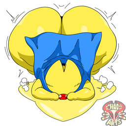 ambiguous_gender ass_up bent_over big_butt blue_cape blue_clothing blush blush_lines bottomless butt cape cape_only clothed clothing eyeless faceless feral front_view gem huge_butt hyper hyper_butt logo lying mostly_nude mouthless noseless on_front red_gem solo warp_star wide_hips yellow_body chaosarts kirby_(series) kirby_air_riders nintendo starman_(kirby) 1:1 2025 artist_logo digital_drawing_(artwork) digital_media_(artwork)