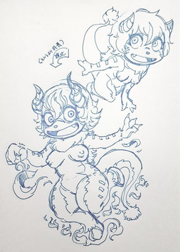 2_horns 4_fingers anthro black_nose breasts curved_horn directional_arrow evolution_(transformation) fangs female fingers horn looking_at_viewer nipples nude open_mouth open_smile sequential_arrow smile solo teeth text transformation oposa character_request japanese_text monochrome translation_request