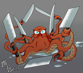 blue_eyes cleaver_(knife) cutlery eye_bags feral grey_background hai_xiaolu holding_object holding_weapon kitchen_knife kitchen_utensils knife looking_at_viewer male orange_body orange_tentacles simple_background solo tear_trough tentacles tools weapon uminokouji disney finding_dory finding_nemo pixar hank_(finding_dory) aquatic cephalopod coleoid giant_pacific_octopus mollusk octopodiform octopus 2018