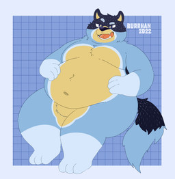anthro belly big_belly blue_background blue_border border eyebrows featureless_crotch fur geometric_background grid_background looking_at_viewer male moobs narrowed_eyes navel nude open_mouth open_smile overweight overweight_anthro overweight_male pattern_background simple_background sitting smile solo teeth thick_thighs tongue tuft timewornraccoon bluey_(series) bandit_heeler australian_cattle_dog canid canine canis cattledog domestic_dog herding_dog mammal pastoral_dog 2022 hi_res