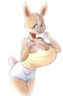 anthro big_breasts breasts buckteeth clothing dark_eyes eyeliner female light lips looking_at_viewer makeup markings mole_(marking) scut_tail short short_tail smile solo tail teeth mamasoyanini lagomorph leporid mammal rabbit colored