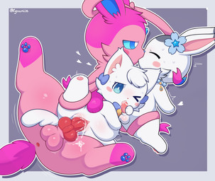 >_o abdominal_bulge alternate_color animal_genitalia animal_penis anus balls blue_eyes blue_inner_ear blue_pawpads blush blush_stickers bodily_fluids border bow_ribbon canine_genitalia canine_penis cheek_tuft clitoral_hood clitoris cum cum_in_mouth cum_in_vagina cum_inflation cum_inside ejaculation eyes_closed facial_tuft feet fellatio fellatio_while_penetrated female female_feral female_on_feral female_penetrated feral feral_on_feral feral_penetrated feral_penetrating feral_penetrating_feral flower_on_head forehead_gem front_view fur fur_tuft gem genital_fluids genitals grey_background group group_sex half-closed_eyes head_tuft heart_symbol hearts_around_head hindpaw inflation inner_ear_fluff kiss_on_lips kissing kissing_while_penetrating knot knotted_penis larger_feral larger_male leg_markings lying male male/female male/male male_feral male_on_feral male_penetrating male_penetrating_female markings monotone_body monotone_fur multicolored_body multicolored_fur narrowed_eyes on_side oral oral_penetration pawpads paws penetration penile penile_penetration penis penis_in_vagina pink_body pink_fur quadruped ribbons_(anatomy) sex simple_background size_difference smaller_female smaller_feral smaller_male smaller_penetrated socks_(marking) text threesome trio tuft twitter_handle two_tone_body two_tone_fur vaginal vaginal_penetration vulva white_body white_border white_fur zyuuniie nintendo pokemon ageam_(sylvtasticalsylveon) fuwi_(zyuuniie) poke_(pokemonlover) domestic_cat eeveelution felid feline felis generation_6_pokemon lagomorph leporid mammal pokemon_(species) rabbit sylveon 2026 absurd_res artist_name digital_drawing_(artwork) digital_media_(artwork) hi_res shaded soft_shading