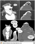 4:5 4_fingers anthro badger canid canine carl_(misterstallion) cel_shading clothed clothing comic dialogue duo ears_back english_text eyebrows fangs fingers fox fur greyscale half-closed_eyes hi_res male male/male mammal misterstallion monochrome muscular mustelid musteline narrowed_eyes navel nipples open_mouth outside overweight overweight_anthro overweight_male pivoted_ears sad shaded speech_bubble teeth text topless underwear william_(misterstallion)