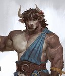 anthro armor belt blue_clothing bracers brown_body brown_fur brown_hair clothing fur grey_eyes hair horn leather male muscular muscular_male nipples pecs simple_background solo white_background taran_fiddler bovid bovine cattle mammal 2024 digital_media_(artwork)