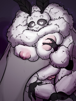 antennae_(anatomy) anthro big_breasts bodily_fluids breast_squeeze breasts duo female genital_fluids glowing glowing_eyes heart_eyes heart_symbol holding_body macro micro neck_tuft nipples offscreen_character pink_nipples squeezing tuft vaginal_fluids byryndyk arthropod humanoid insect lepidopteran moth 3:4 absurd_res hi_res