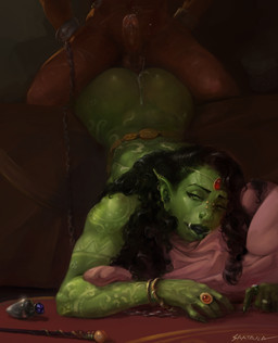 after_anal afterglow balls bed black_hair bodily_fluids bracelet bridge_piercing butt buttplug chain cuff_(restraint) cum cum_in_ass cum_inside cum_on_butt duo ear_piercing erection facial_piercing fangs female female_focus furniture genital_fluids genitals green_body green_eyes green_skin hair handcuffs hot_dogging humanoid_genitalia humanoid_penis humanoid_pointy_ears jewelry male male/female metal_cuffs nose_piercing not_furry nude penis piercing plug_(sex_toy) pointy_ears restraints ring sex sex_toy shackles solo_focus tattoo teeth tusks isatan human humanoid mammal orc 2016