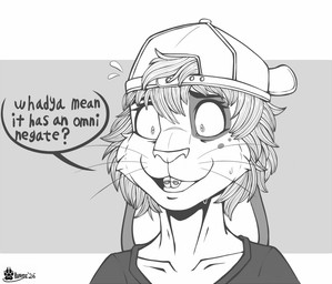 anthro armor backwards_baseball_cap backwards_hat baseball_cap bodily_fluids bracers buckteeth clothed clothing dialogue ears_down female fur hair hat headgear headwear nervous nervous_smile nervous_sweat open_mouth pivoted_ears shirt solo speech_bubble sweat teeth text tongue topwear whiskers wide_eyed marcushunter sid_(marcushunter) lagomorph leporid mammal rabbit 2026 headshot_portrait monochrome portrait signature