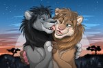2020 3:2 anthro black_mane black_nose black_whiskers blue_eyes brown_body brown_fur brown_mane cheek_lick conditional_dnp detailed_background digital_drawing_(artwork) digital_media_(artwork) duo embrace eyebrows face_lick felid fur grass grey_body grey_fur grey_inner_ear_fluff grey_pawpads half-length_portrait hand_holding hands_together inner_ear_fluff licking lion male male/male mammal mane night nude one_eye_closed open_mouth open_smile outside pantherine pawpads pink_nose pink_pawpads plant portrait shaded smile soft_shading star sunset tani_da_real teeth tongue tongue_out tree tuft whiskers white_inner_ear_fluff