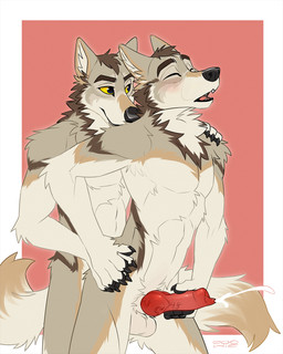 anal_orgasm anthro anthro_on_anthro anthro_penetrated anthro_penetrating anthro_penetrating_anthro arm_tuft athletic athletic_male bodily_fluids border brown_markings cheek_tuft cum cum_while_penetrated cumshot duo ejaculation elbow_tuft erection eyes_closed facial_tuft fangs fur genital_fluids genitals grey_body grey_fur hands-free knot male male/male male_penetrated male_penetrating male_penetrating_male markings neck_tuft nude open_mouth orgasm orgasm_face penetration penis red_background red_penis red_tongue selfcest sex shoulder_tuft simple_background square_crossover standing standing_sex teeth tongue tuft vein veiny_penis white_body white_border white_fur yellow_eyes yookie canid canine mammal 4:5 hi_res