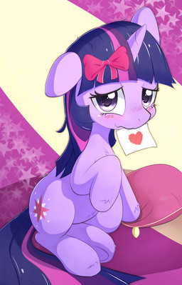 accessory arm_support blush bow_(feature) bow_accessory bow_ribbon cutie_mark embarrassed female feral fur hair hair_accessory hair_bow hair_ribbon heart_symbol horn long_hair looking_at_viewer multicolored_hair nervous note pillow pose purple_body purple_eyes purple_fur purple_hair ribbons shy sitting smile solo two_tone_hair aymint friendship_is_magic hasbro my_little_pony mythology twilight_sparkle_(mlp) equid equine mammal mythological_creature mythological_equine unicorn hi_res