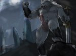 aban_wrench anthro balls blaidd_(elden_ring) bodily_fluids canid canine canis cum ejaculation elden_ring erection fromsoftware genital_fluids genitals hi_res humanoid_genitalia humanoid_penis male mammal melee_weapon muscular muscular_male nipples penis solo sword weapon wolf