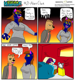 alarm_clock anthro bed clock deaf dialogue female furniture gradient_background group male simple_background sleeping standing text tired trio baristagamerproductions ada_(gem_hunters) alfonso_(gem_hunters) phoebe_(gem_hunters) canid canine canis dingo felid feline mammal reptile scalie snake absurd_res comic english_text hi_res