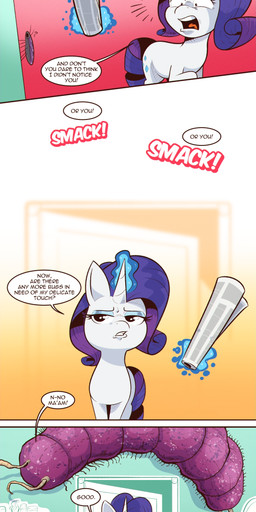 dialogue eyelashes faucet female feral greeting horn larger_female magic newspaper open_mouth pupils quadruped size_difference speech_bubble tail telekinesis text toony white_body saturdaymorningproj friendship_is_magic hasbro my_little_pony mythology arachnid arthropod equid equine mammal mythological_creature mythological_equine spider unicorn absurd_res comic english_text hi_res url
