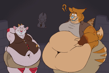 anthro belly big_belly big_butt blush brown_body brown_fur butt clothed clothing cursed_object duo fur horn male male/male moobs navel obese obese_anthro obese_male open_mouth overweight overweight_anthro overweight_male sculpture smile statue tail thick_thighs torn_clothing white_body white_fur wide_hips wings bigtimekudo colt_(notabird) desmond_(quakestir) bovid canid canine caprine fox goat hybrid mammal hi_res