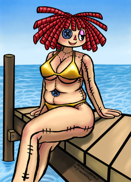 belly big_breasts bikini blush body_blush breasts clothing detailed_background docks doll female gold_bikini half-closed_eyes narrowed_eyes navel sea sky slightly_chubby slightly_chubby_female solo swimwear text thick_thighs two-piece_swimsuit water nsfwulf glitch_productions golden_week ko-fi patreon the_amazing_digital_circus ragatha_(tadc) animate_inanimate humanoid living_doll absurd_res hi_res url watermark