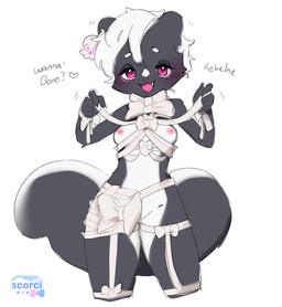 anthro areola big_tail blush bone bow_ribbon breasts countershading female female_anthro genitals hair holidays inviting_to_sex looking_at_viewer mostly_nude nipples open_mouth pink_eyes skull smile tail talking_to_viewer text vulva white_hair wrapped_up wrappings scorci halloween mammal mephitid skunk 2025 english_text hi_res