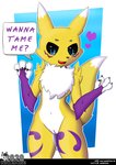 anthro black_sclera blue_eyes breasts dialogue female flat_chested fluffy fluffy_tail fur genitals heart_symbol mostly_nude needy pussy solo speech_bubble tail text wunderhase bandai_namco digimon canid canine digimon_(species) mammal renamon digital_media_(artwork) english_text hi_res