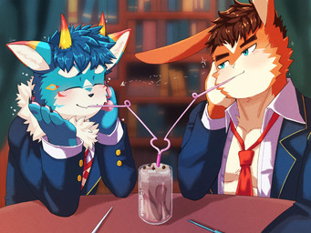 anthro drinking_straw duo fur heart_symbol horn long_ears male male/male necktie orange_body orange_fur romantic romantic_couple smile teal_body teal_fur h0melessd0gg0 xxl_woofia fogue_(xxl_woofia) kantos_(xxl_woofia) chimera lagomorph leporid mammal rabbit 4:3 hi_res