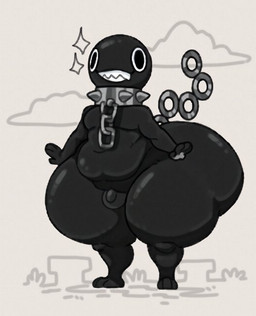 balls belly big_butt black_body butt chain chain_leash chain_tail collar genitals leash male navel not_furry overweight overweight_male penis sharp_teeth small_penis smile solo spiked_collar spikes standing teeth thick_thighs domadordedinoss mario_bros nintendo chain_chomp 2025 digital_drawing_(artwork) digital_media_(artwork) english_description monochrome