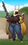 4_arms antennae_(anatomy) anthro belt belt_buckle big_breasts black_body blonde_hair bottle bottomwear breasts buckle clothing cloud container curvy_figure eyelashes female footwear grass gun hair hand_on_hip hand_on_weapon huge_breasts insect_wings lepidopteran_wings looking_at_viewer machine_gun mg3 multi_arm multi_limb neck_tuft outside pants plant ranged_weapon red_eyes sand shirt shoes sky smoke solo thick_thighs topwear tree tuft undershirt water_bottle weapon wide_hips wings yellow_body blazbaros arthropod death's-head_hawkmoth hawk_moth insect lepidopteran moth 2024 hi_res