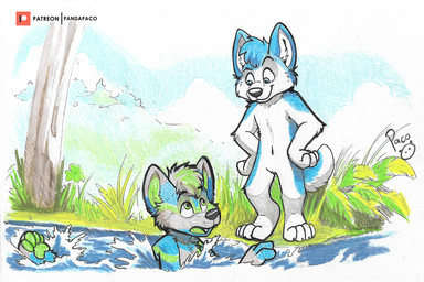 anthro blue_body blue_eyes blue_fur blue_hair blue_tail closed_smile duo featureless_crotch fur grass green_eyes green_hair green_pawpads green_tongue grey_body grey_fur grey_hair hair logo male mouth_closed navel nude open_mouth outside partially_submerged pawpads plant short_hair smile swimming tail tongue tree water white_body white_fur white_tail young young_anthro young_male pandapaco canid canine mammal 3:2 artist_logo signature