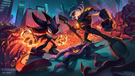 5_fingers after_battle anthro armor biped black_body black_fur black_nose boots building chest_tuft city city_background cityscape clothing duo facial_hair fighting_pose fingers footwear frown fur gloves glowing glowing_hands goatee handwear male multicolored_body multicolored_fur narrowed_eyes night outside pose red_body red_eyes red_fur red_stripes rocket_boots scowl shoes simple_background sky sneakers solo standing striped_body striped_fur stripes text tools tuft white_body white_clothing white_fur white_gloves white_handwear wrench miitara ratchet_and_clank sega sonic_the_hedgehog_(series) sonic_x_shadow_generations sony_corporation sony_interactive_entertainment alister_azimuth black_doom doom's_eye shadow_the_hedgehog black_arms_(sonic) eulipotyphlan hedgehog lombax mammal monotreme 16:9 2026 absurd_res artist_name cel_shading crossover digital_drawing_(artwork) digital_media_(artwork) english_text hi_res shaded wallpaper widescreen