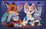 alcohol anthro beverage blue_eyes blush bracelet clothed clothing dessert eyes_closed feeding female food fur group ice_cream jewelry male necklace purple_eyes romantic romantic_couple smile rockbottomfeeder disney zootopia jack_savage judy_hopps nick_wilde skye_(zootopia) arctic_fox canid canine fox lagomorph leporid mammal rabbit red_fox true_fox