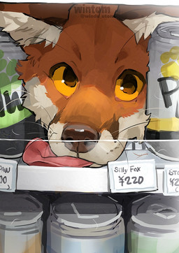 ambiguous_gender black_nose can container front_view fur looking_at_viewer multicolored_body multicolored_fur orange_body orange_fur orange_sclera price_tag shelf solo text two_tone_body two_tone_fur whiskers white_body white_fur windwttom canid canine fox mammal red_fox true_fox 2025 artist_name digital_drawing_(artwork) digital_media_(artwork)