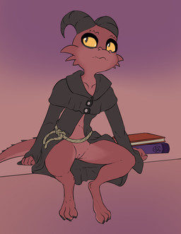 3_toes anthro barefoot belt bent_legs black_claws black_clothing black_eyeliner black_horn black_robe black_spikes book bottomless bottomless_anthro bottomless_female casual_exposure cheek_spikes claws clitoris clothed clothed_anthro clothed_female clothing collarbone countershade_face countershade_feet countershade_neck countershade_tail countershade_torso countershading cultist curved_horn digitigrade eyeliner facial_spikes feet female female_anthro finger_claws fingers front_view genitals gradient_background horn looking_up makeup mouth_closed multicolored_body multicolored_tail no_irises occult_symbol pentagram pink_background pink_body pink_clitoris pink_countershading pink_tail pupils purple_background red_body red_spikes red_tail robe rope rope_belt simple_background sitting slim slim_anthro slim_female slit_pupils solo spiked_tail spikes spikes_(anatomy) spread_legs spreading symbol tail toe_claws toes two_tone_body two_tone_tail vulva yellow_eyes yellow_sclera koboldklaws narissa_(koboldklaws) kobold scalie absurd_res english_description full-length_portrait hi_res portrait