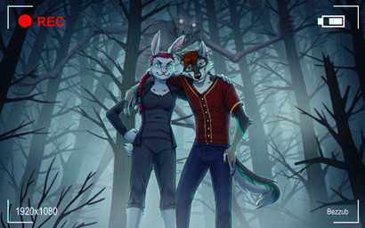 anthro creepy duo female fog foggy_background forest horror_(theme) male plant tree ekvilion vhs ych_(character) canid canine canis cryptid lagomorph leporid mammal monster rabbit wolf 16:10 hi_res widescreen