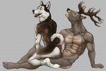 anthro anthro_on_anthro antlers brown_body brown_fur butt clothing duo erection eyes_closed footwear footwear_only foreskin fur genitals grey_background horn hot_dogging humanoid_genitalia humanoid_penis kneeling male male/male male_on_anthro mostly_nude muscular muscular_anthro muscular_male nude nude_anthro nude_male open_mouth penis rear_view sex simple_background socks socks_only tan_body tan_fur white_body white_fur fallowfox canid canine canis deer domestic_dog husky mammal nordic_sled_dog spitz